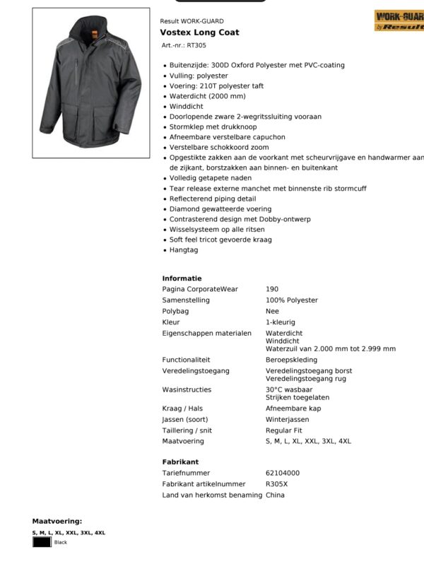 Productinformatie Vostex Longcoat