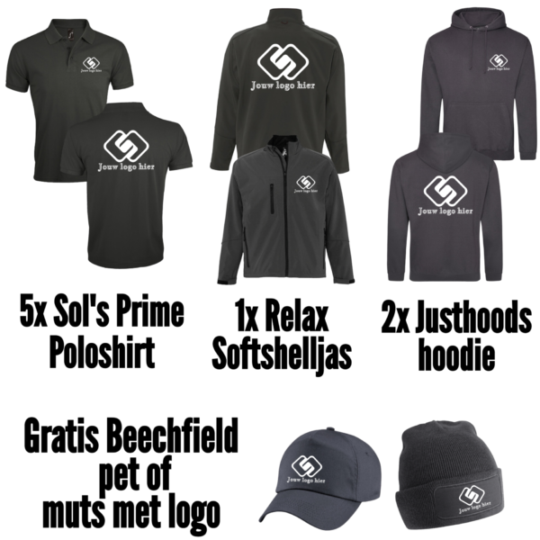 Combideal 5x Sol’s Prime poloshirt, 2x Justhoods hoodie en 1x Sol's Relax Softshell jas bedrukt met borstlogo en groot ruglogo