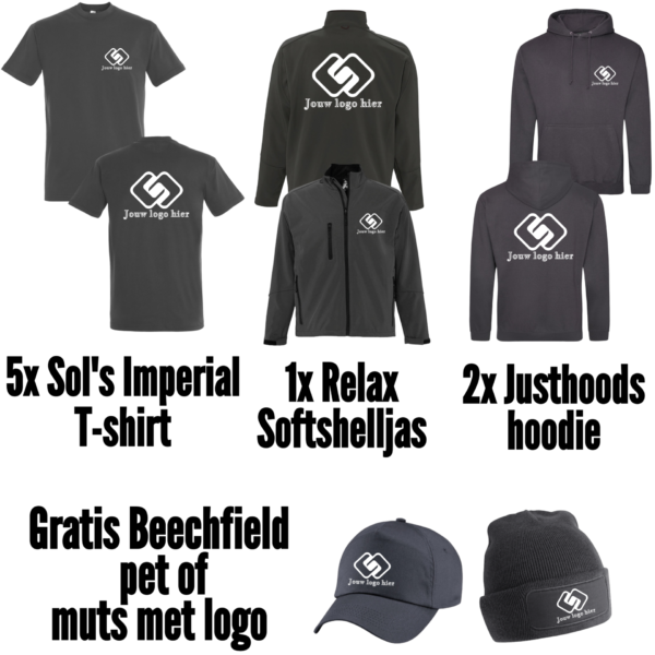 Combideal  5x Sol's Imperial T-shirt, 2x Just hoods hoodie en 1x Sol's Relax Softshell jas bedrukt met logo