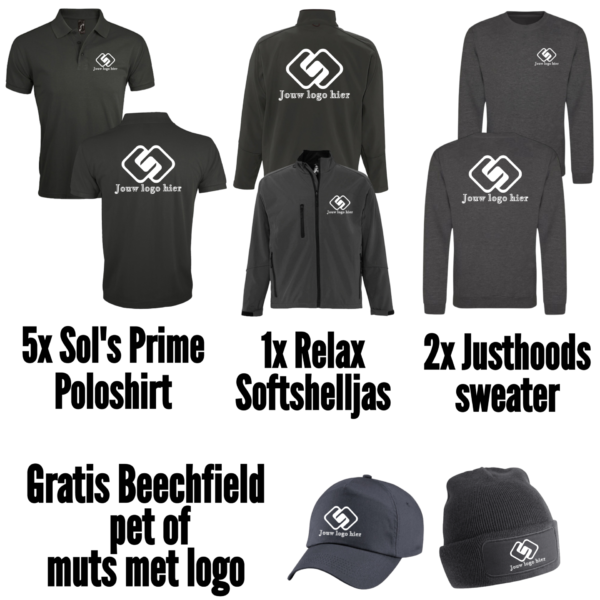 Combideal 5x Sol’s Prime poloshirt, 2x Justhoods sweater en 1x Sol's Relax Softshell jas bedrukt met borstlogo en groot ruglogo