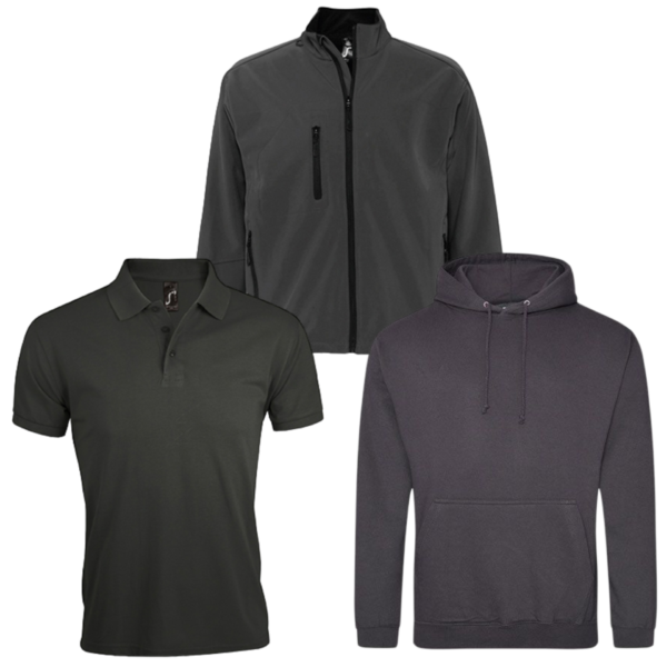 Combideal 5x Sol’s Prime poloshirt, 2x Justhoods hoodie en 1x Sol's Relax Softshell jas bedrukt met borstlogo en groot ruglogo - Afbeelding 2